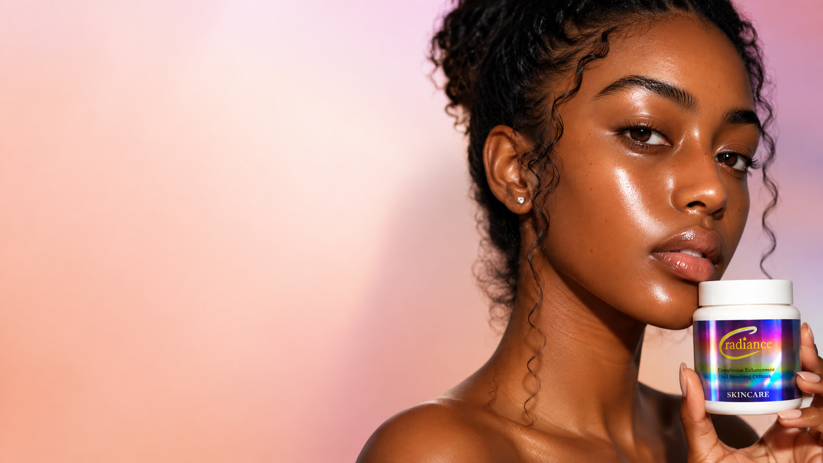 A woman with glowing skin holding a jar of Radiance complexion cream