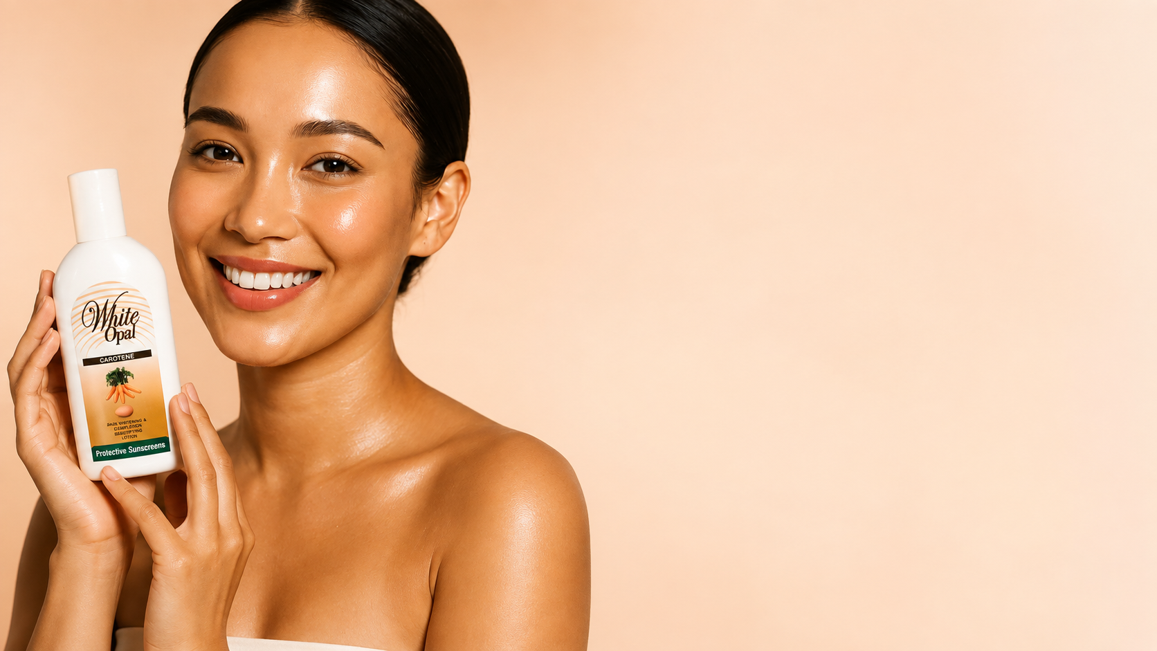 A smiling woman holding a bottle of White Opal lotion